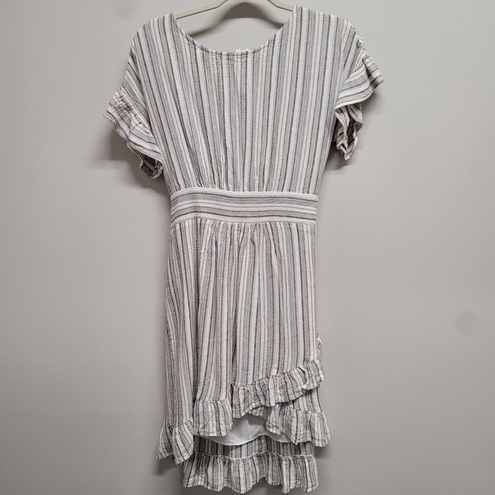 Ava James Women Large Linen Blend Striped High-Low Ruffle Dress Tie Back Neutral